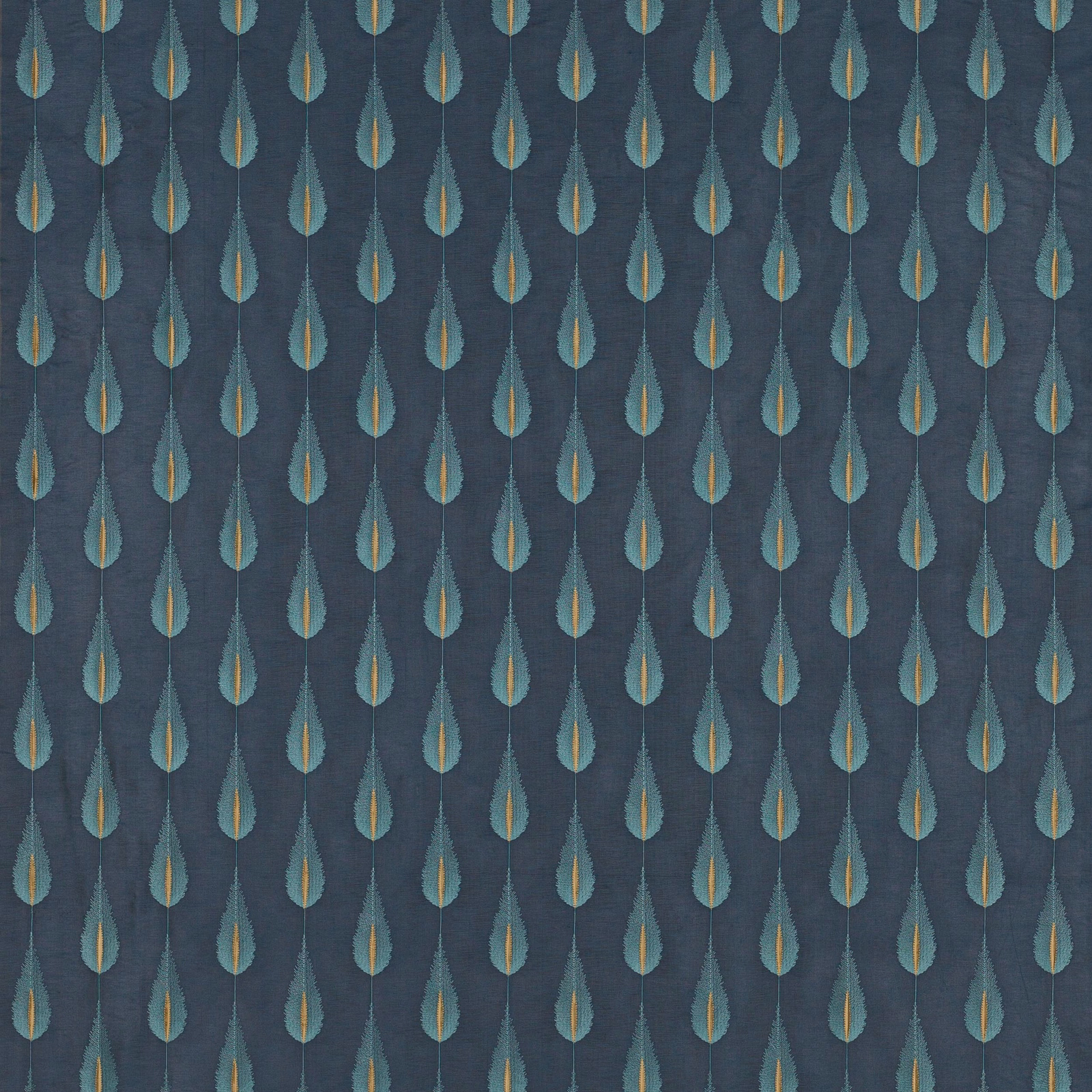 Midnight blue patterned fabric with teal teardrops and gold centres