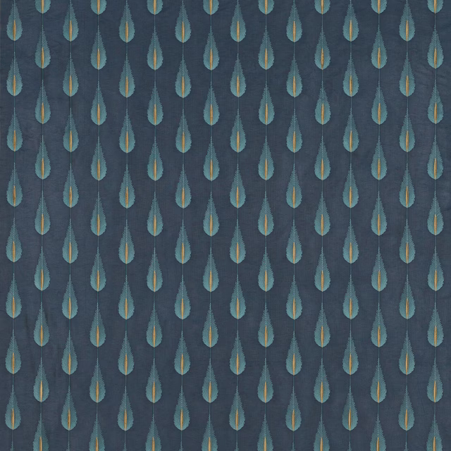Midnight blue patterned fabric with teal teardrops and gold centres