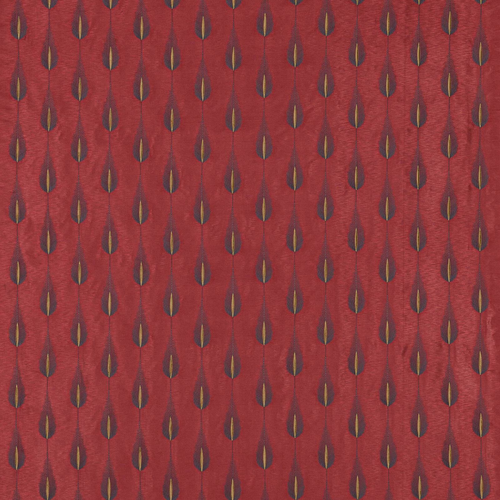 Red woven fabric with small gold teardrop motifs in neat vertical rows