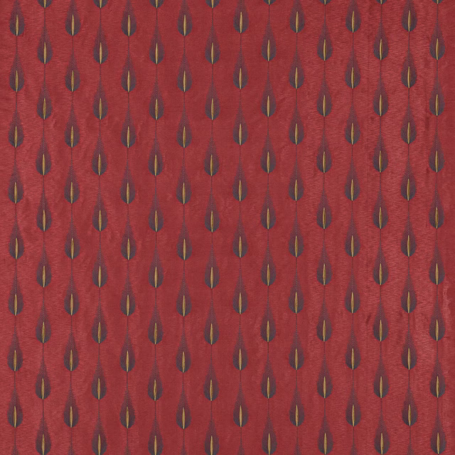Red woven fabric with small gold teardrop motifs in neat vertical rows