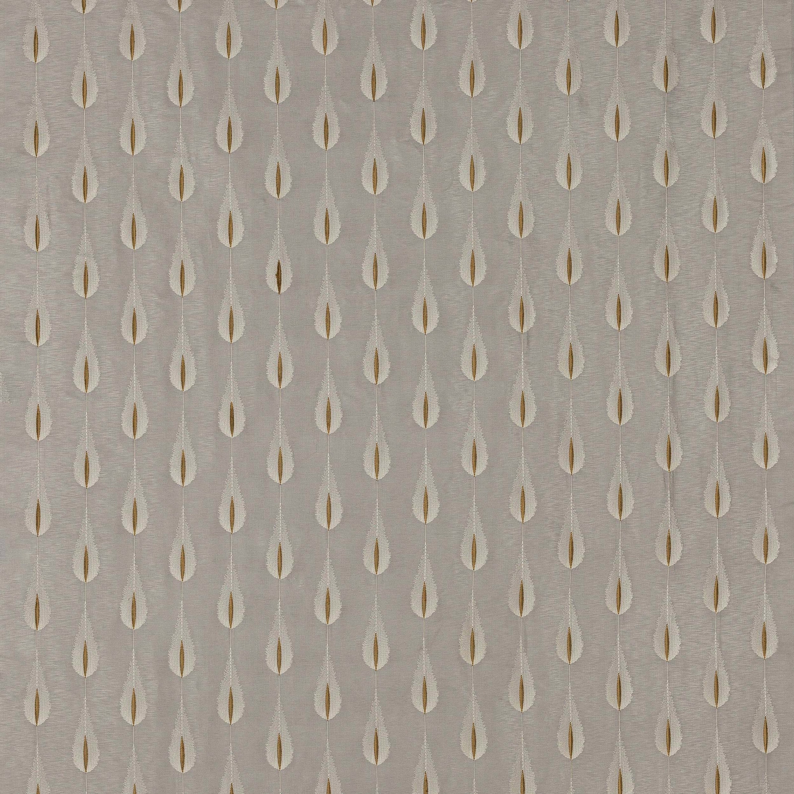 Silver-grey patterned fabric with rows of ivory and gold leaf-like motifs