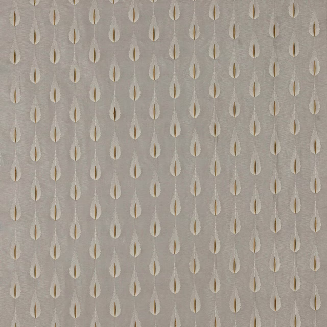 Silver-grey patterned fabric with rows of ivory and gold leaf-like motifs