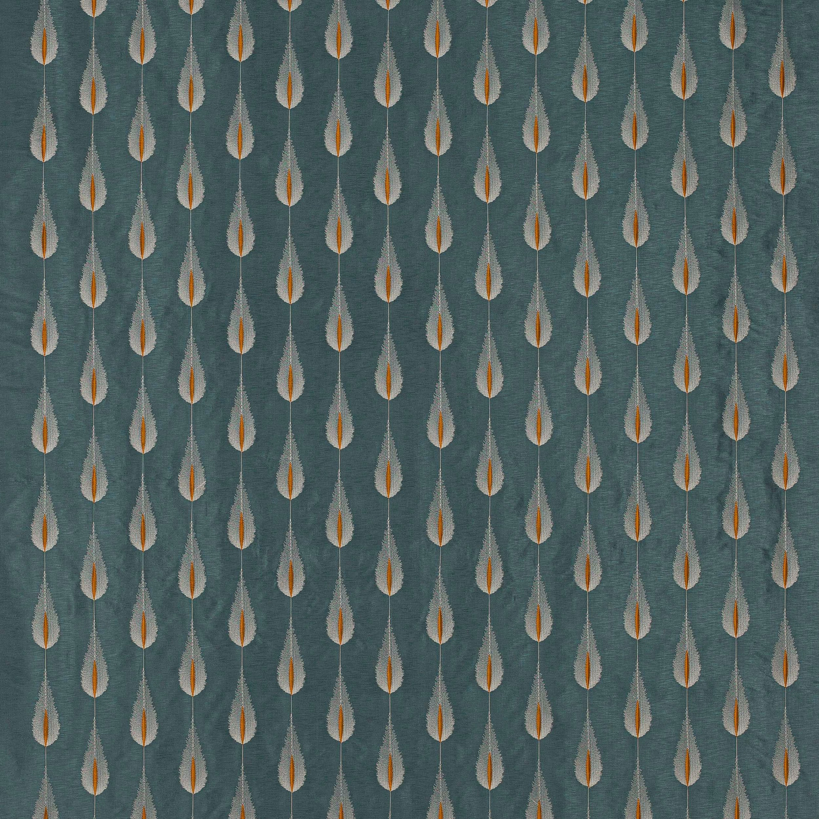 Teal fabric swatch with vertical teardrop motifs and copper centres