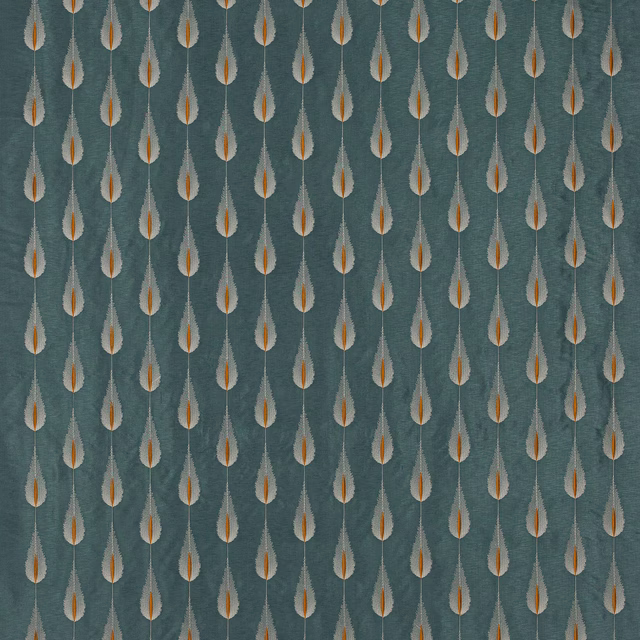 Teal fabric swatch with vertical teardrop motifs and copper centres