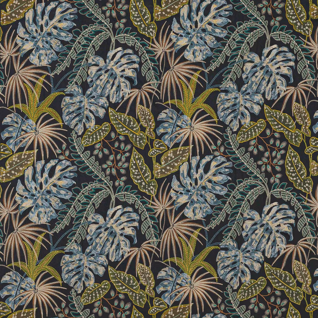 Tropical botanical fabric swatch with indigo ground, blue leaves and green foliage