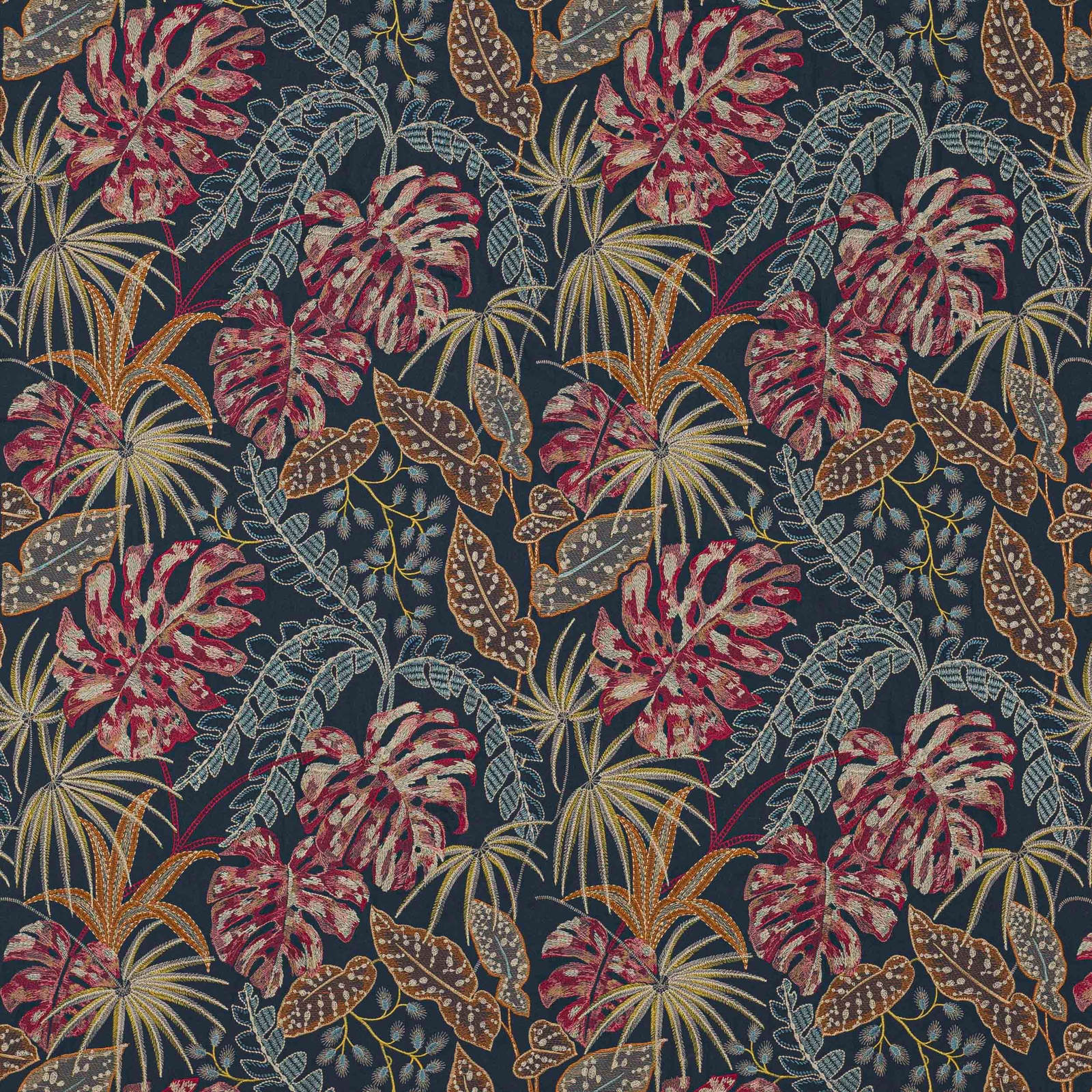 Navy botanical fabric with large red flowers, ochre leaves and teal stems