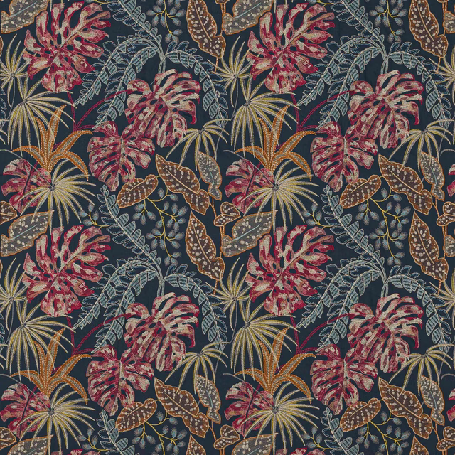 Navy botanical fabric with large red flowers, ochre leaves and teal stems