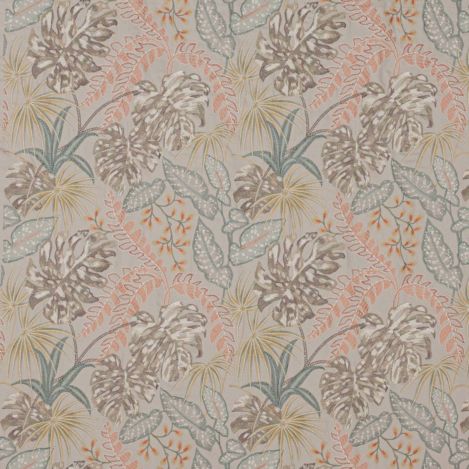 Pale botanical fabric with silver-grey leaves, blush arcs and sage accents