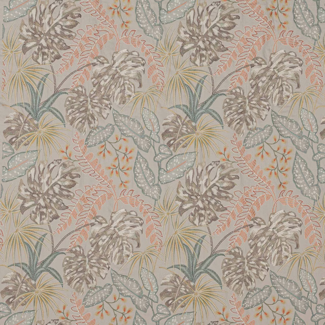 Pale botanical fabric with silver-grey leaves, blush arcs and sage accents