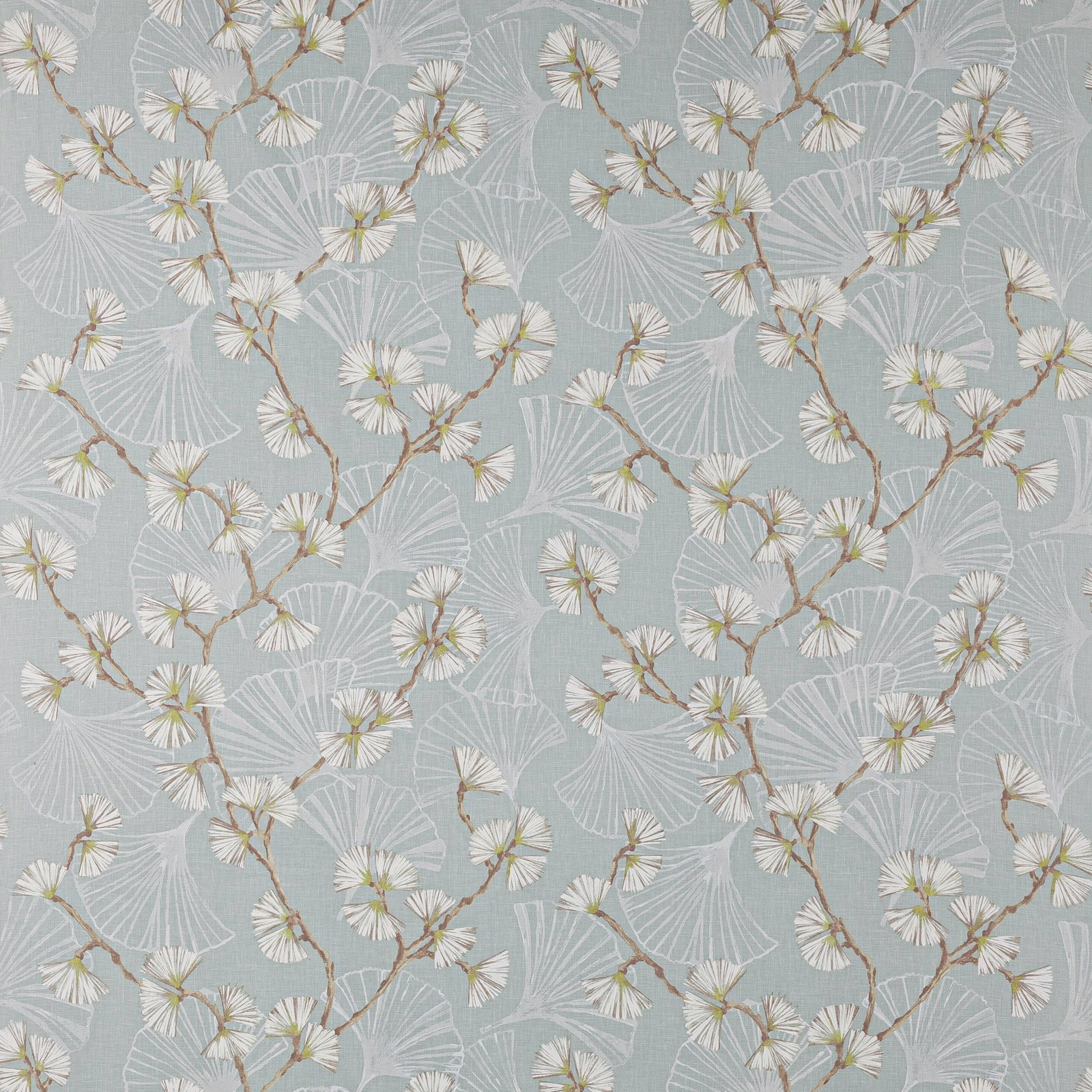 Aqua linen fabric with white floral fans, lime centres and branching stems