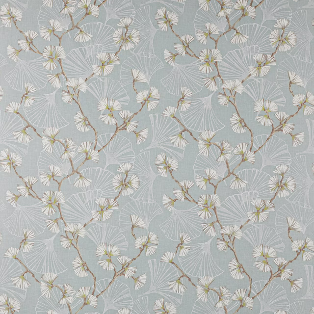 Aqua linen fabric with white floral fans, lime centres and branching stems