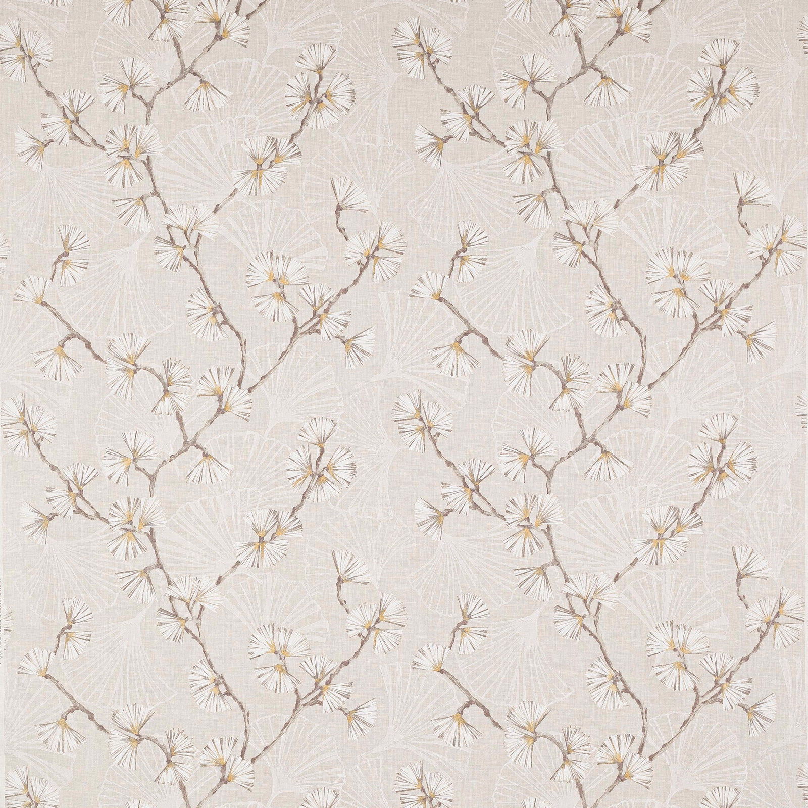 Pale ivory floral linen fabric with branching stems and delicate fan-like blooms