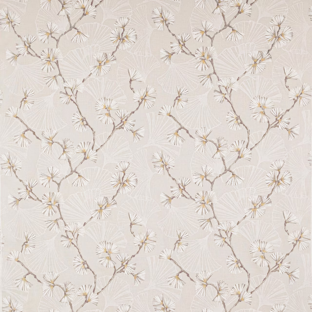 Pale ivory floral linen fabric with branching stems and delicate fan-like blooms