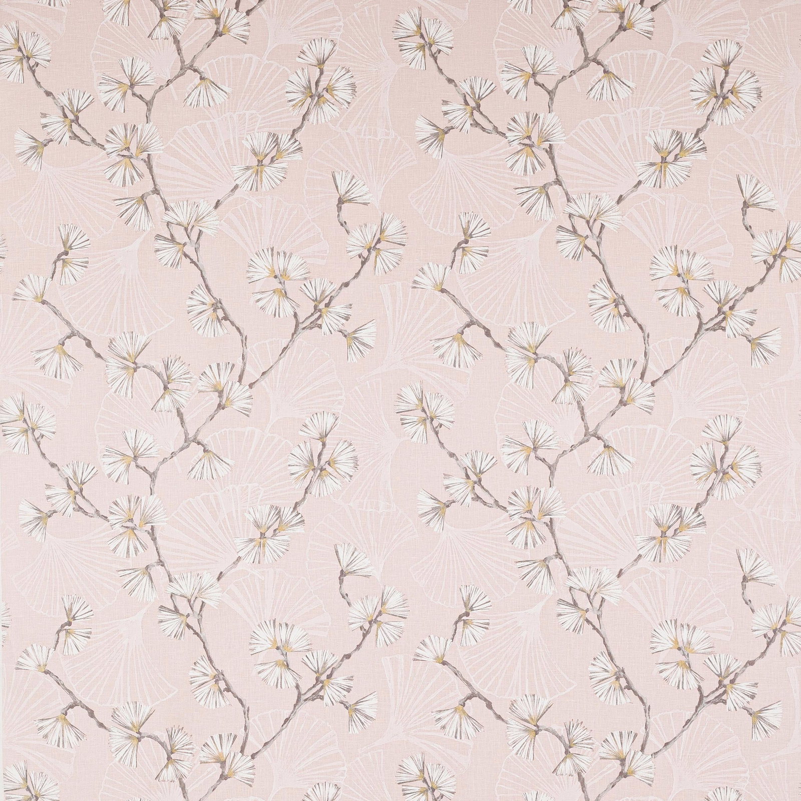 Pale blush linen fabric with scattered floral branches and soft pink blossom motifs