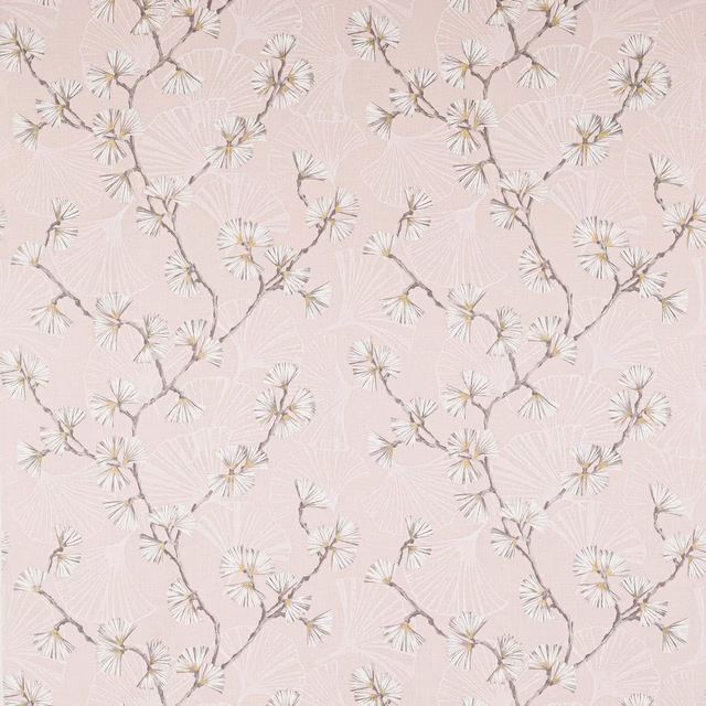 Pale blush linen fabric with scattered floral branches and soft pink blossom motifs