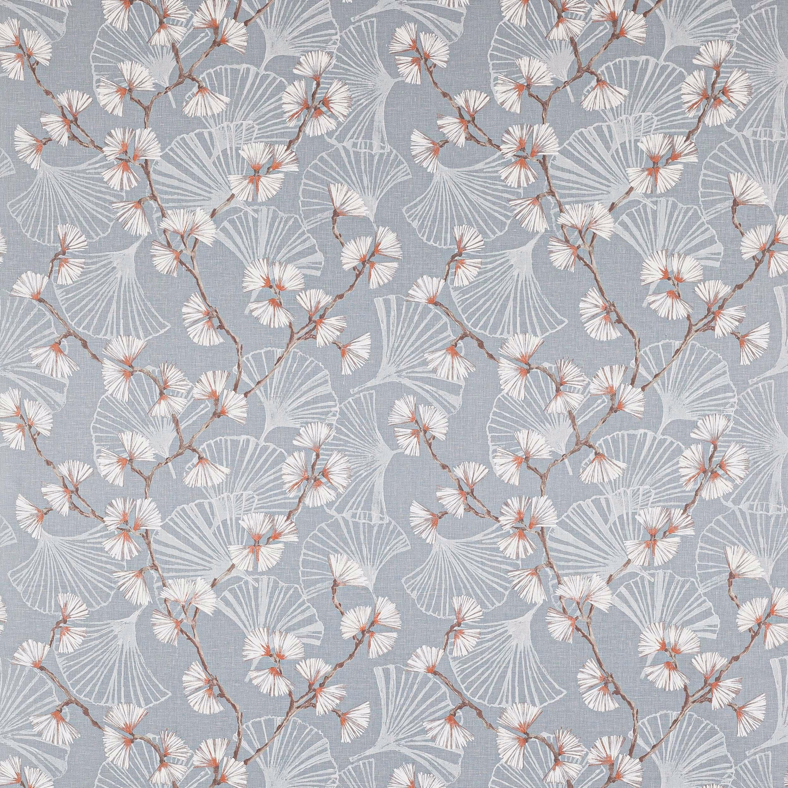 Slate blue linen fabric with white floral branches and fan-like leaf motifs
