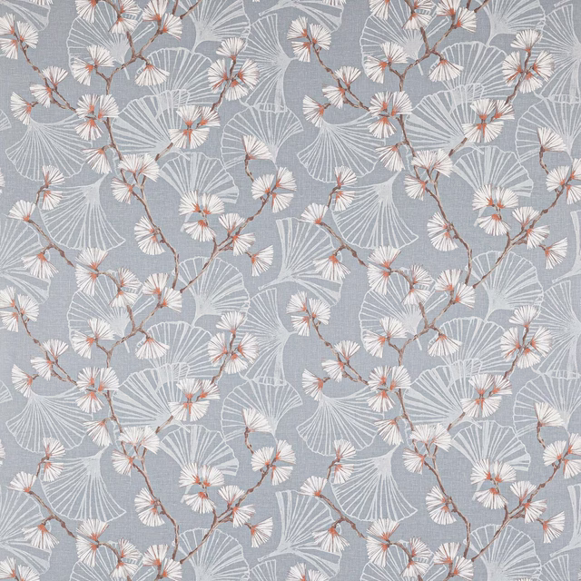 Slate blue linen fabric with white floral branches and fan-like leaf motifs