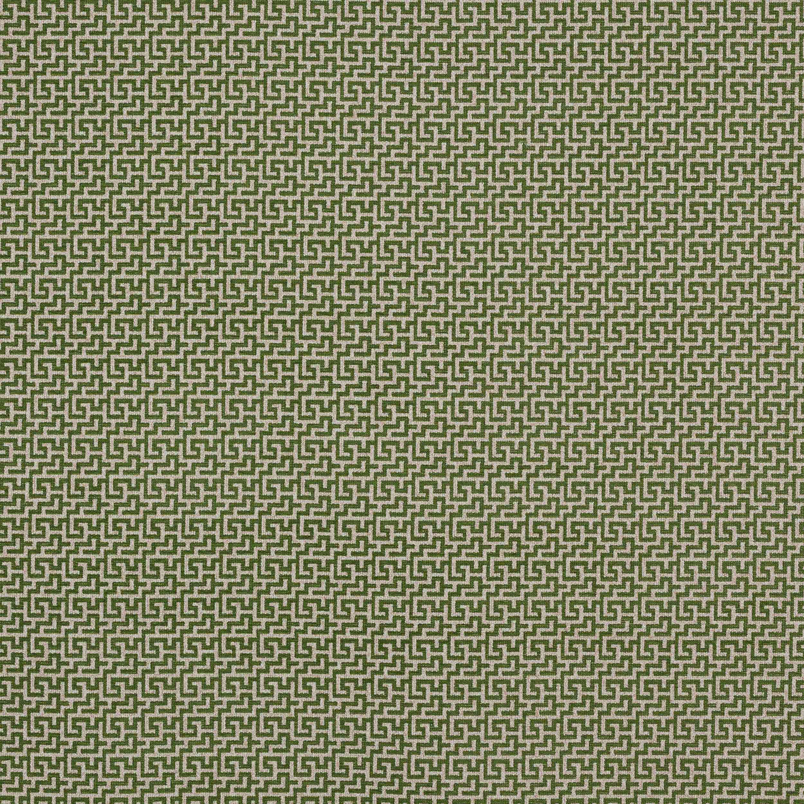 Olive green geometric maze pattern on a pale neutral woven fabric swatch