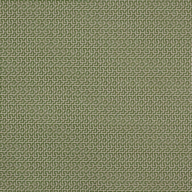 Olive green geometric maze pattern on a pale neutral woven fabric swatch