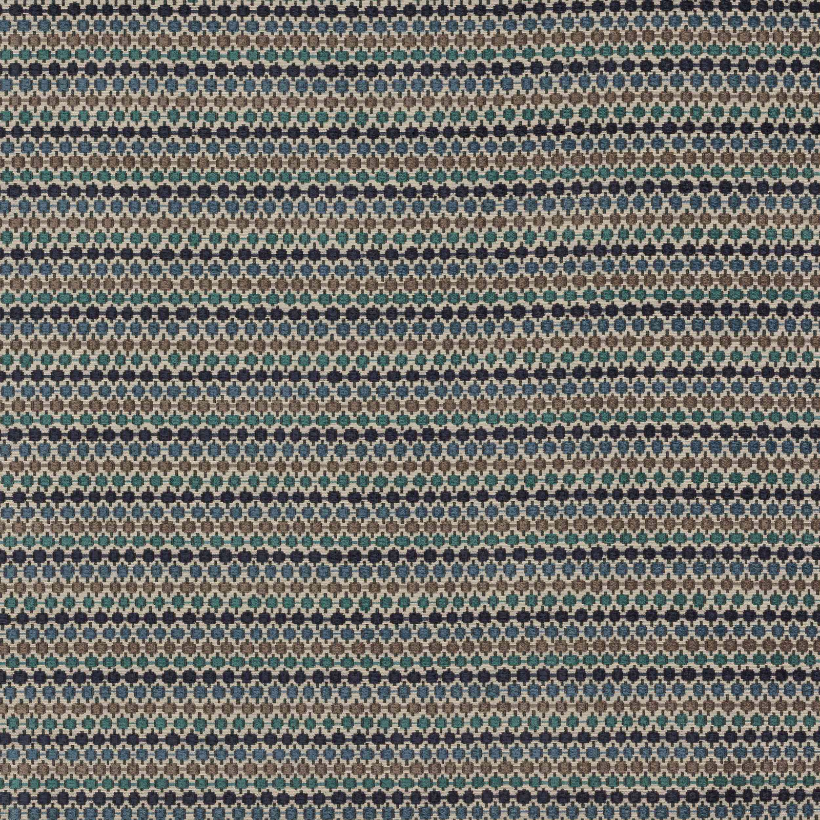 Small geometric woven fabric in blue, teal and taupe horizontal rows