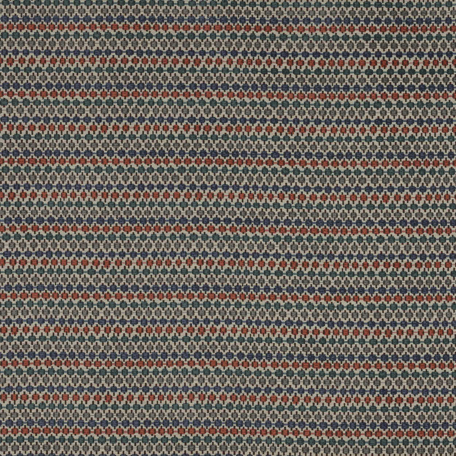 Close-up of small woven stripe with coral, blue and teal accents on a pale ground