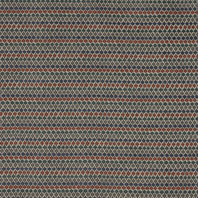 Close-up of small woven stripe with coral, blue and teal accents on a pale ground