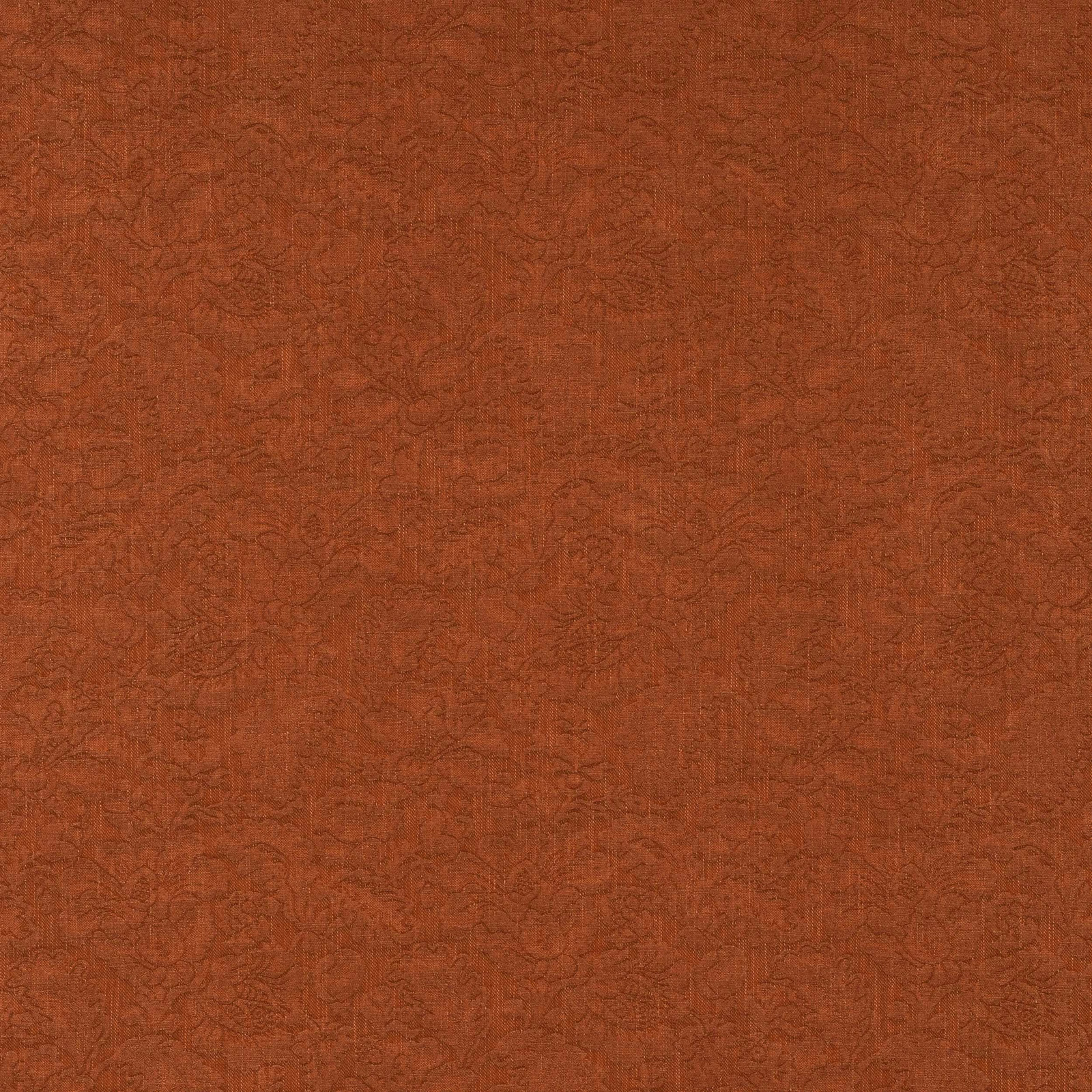 Burnt tomato-red woven fabric with fine tonal floral pattern and dry textured surface