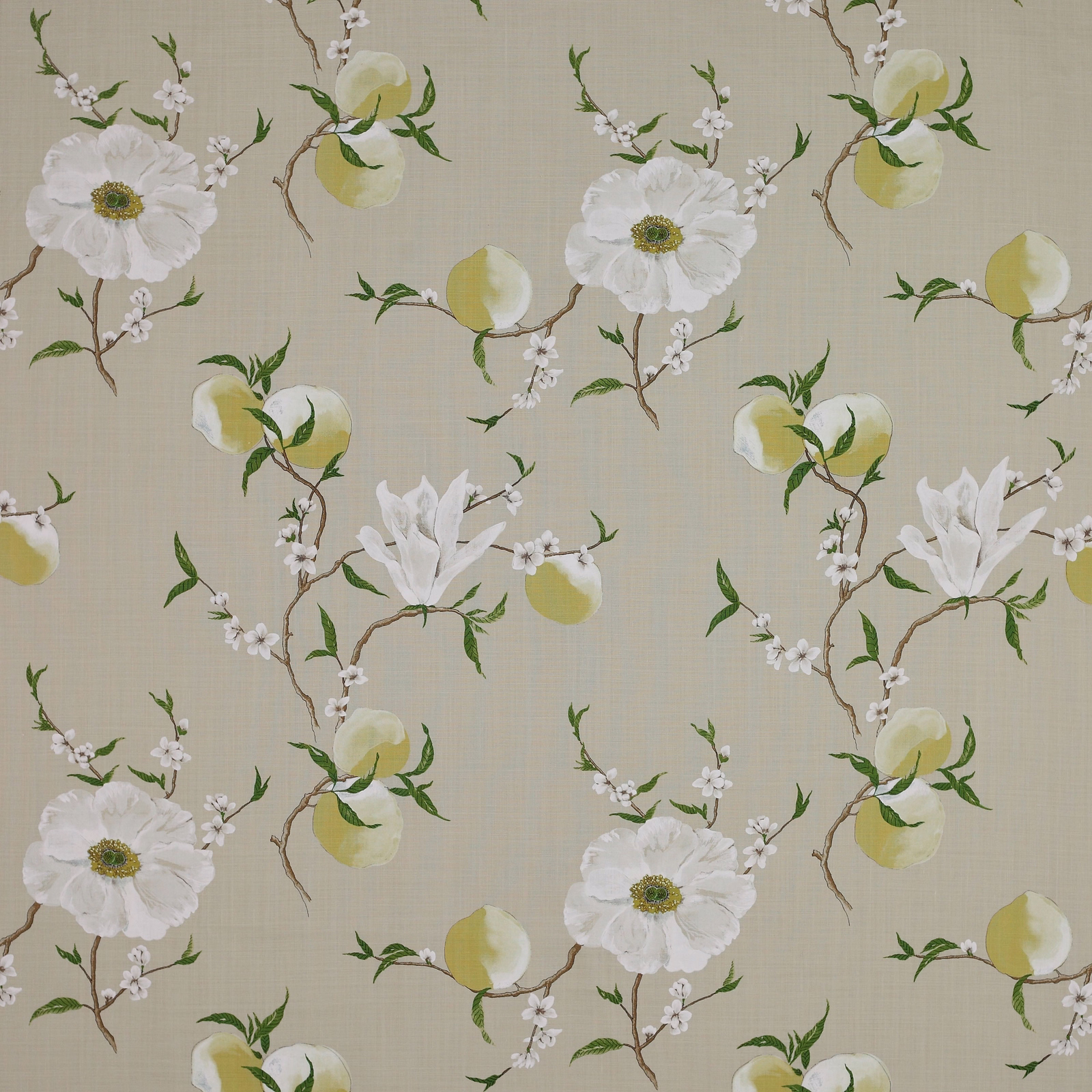 Cream linen floral fabric with white blossoms, pale yellow fruit and green leaves