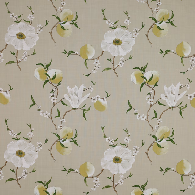 Cream linen floral fabric with white blossoms, pale yellow fruit and green leaves
