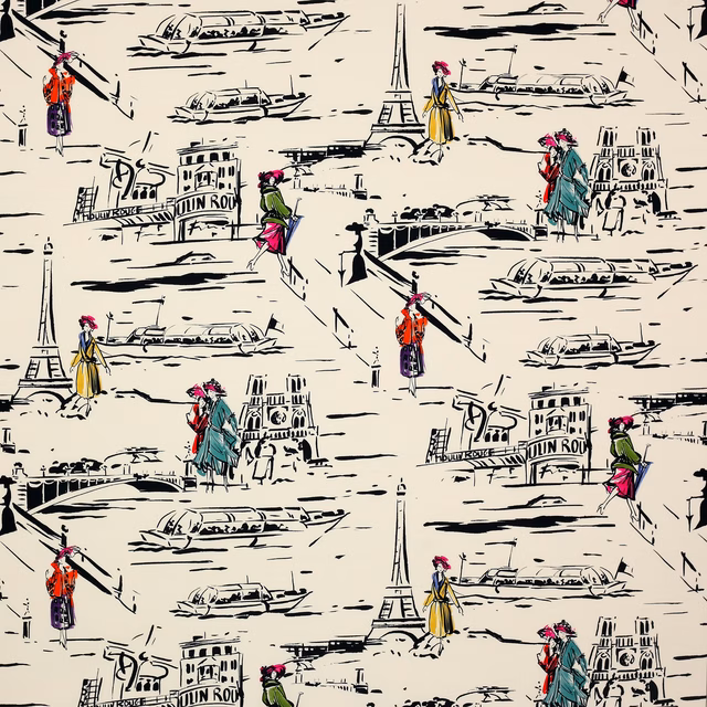 Cream fabric swatch with black Parisian sketch motifs and small colourful figures