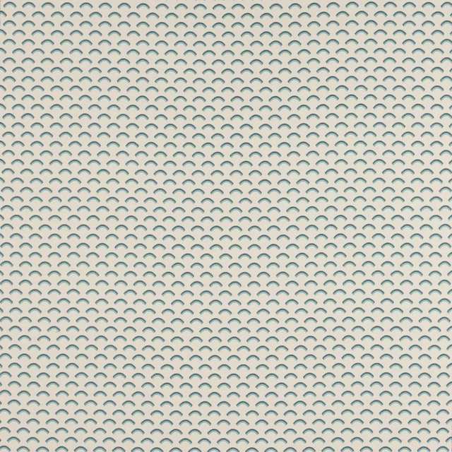 Pale aqua scalloped geometric fabric on a cream ground