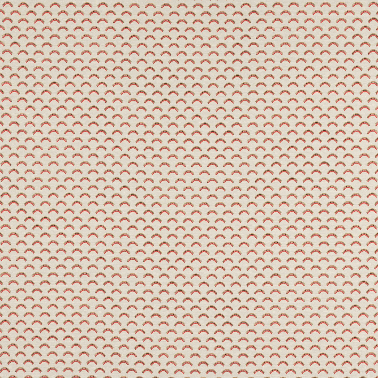Pale ground fabric with small tangerine scallop repeat and crisp woven texture