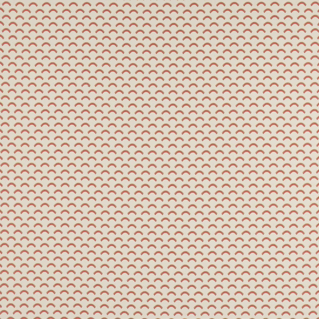 Pale ground fabric with small tangerine scallop repeat and crisp woven texture