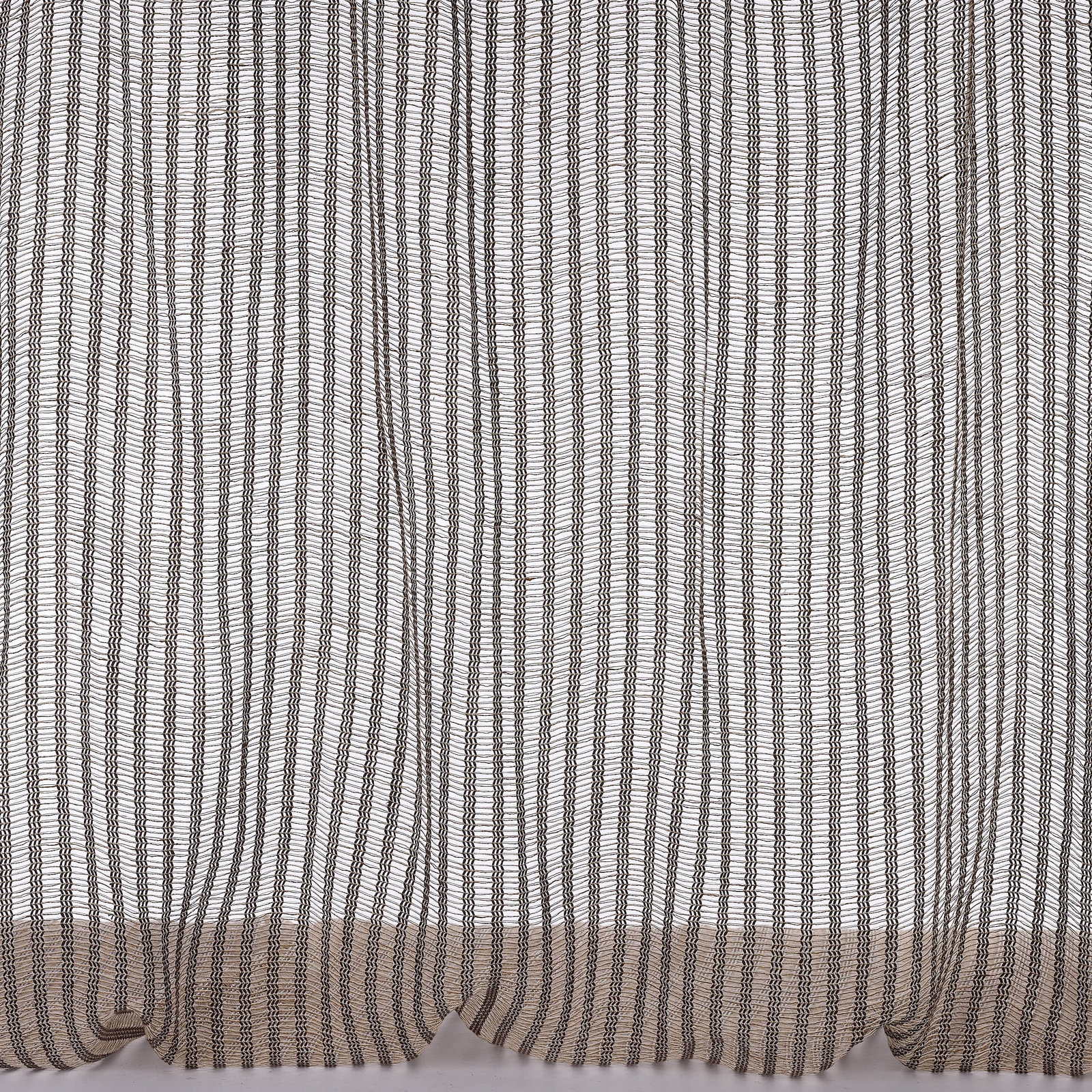 Close-up of warm sand beige linen with fine vertical charcoal stripes