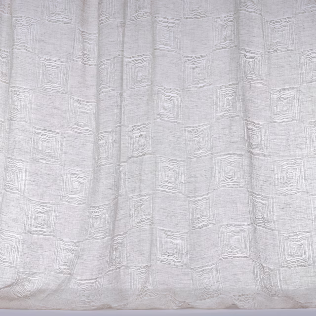 Soft white linen curtain fabric with a subtle woven grid texture