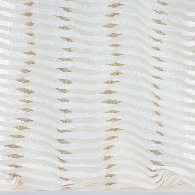 White and ivory striped fabric with small champagne-gold motifs in a flowing wave pattern