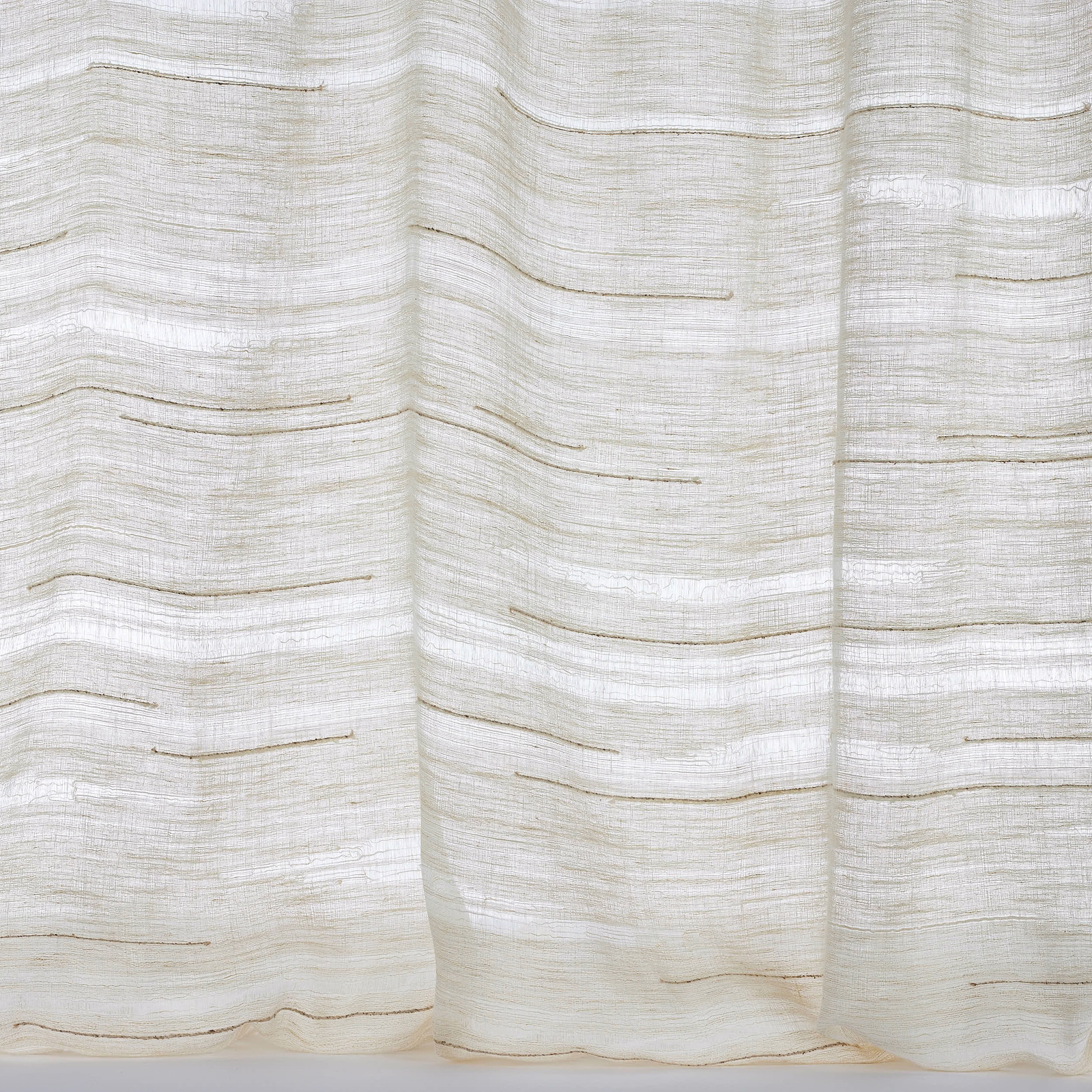 Soft ivory sheer fabric with horizontal woven striations and subtle beige lines