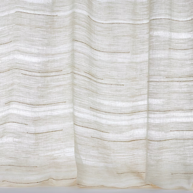 Soft ivory sheer fabric with horizontal woven striations and subtle beige lines