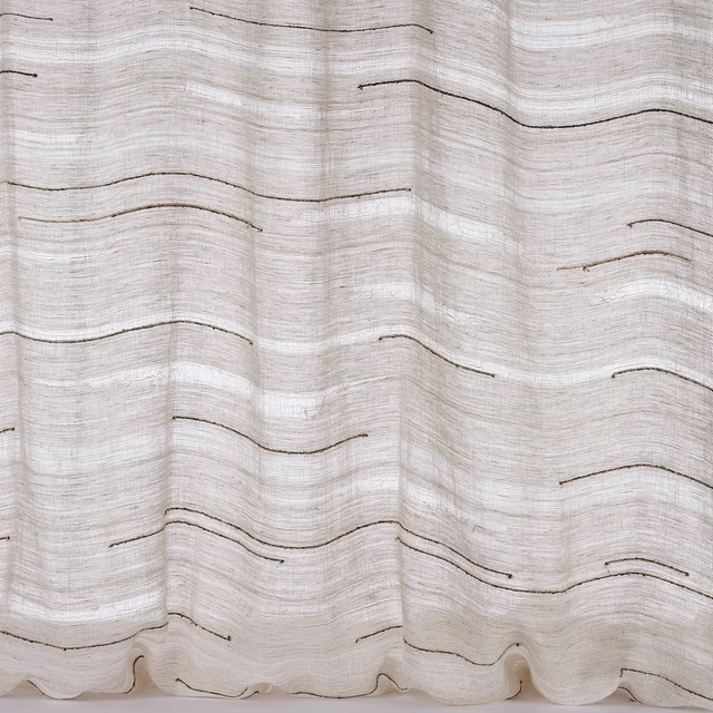 Ivory sheer fabric with fine horizontal striations and thin dark wavy lines
