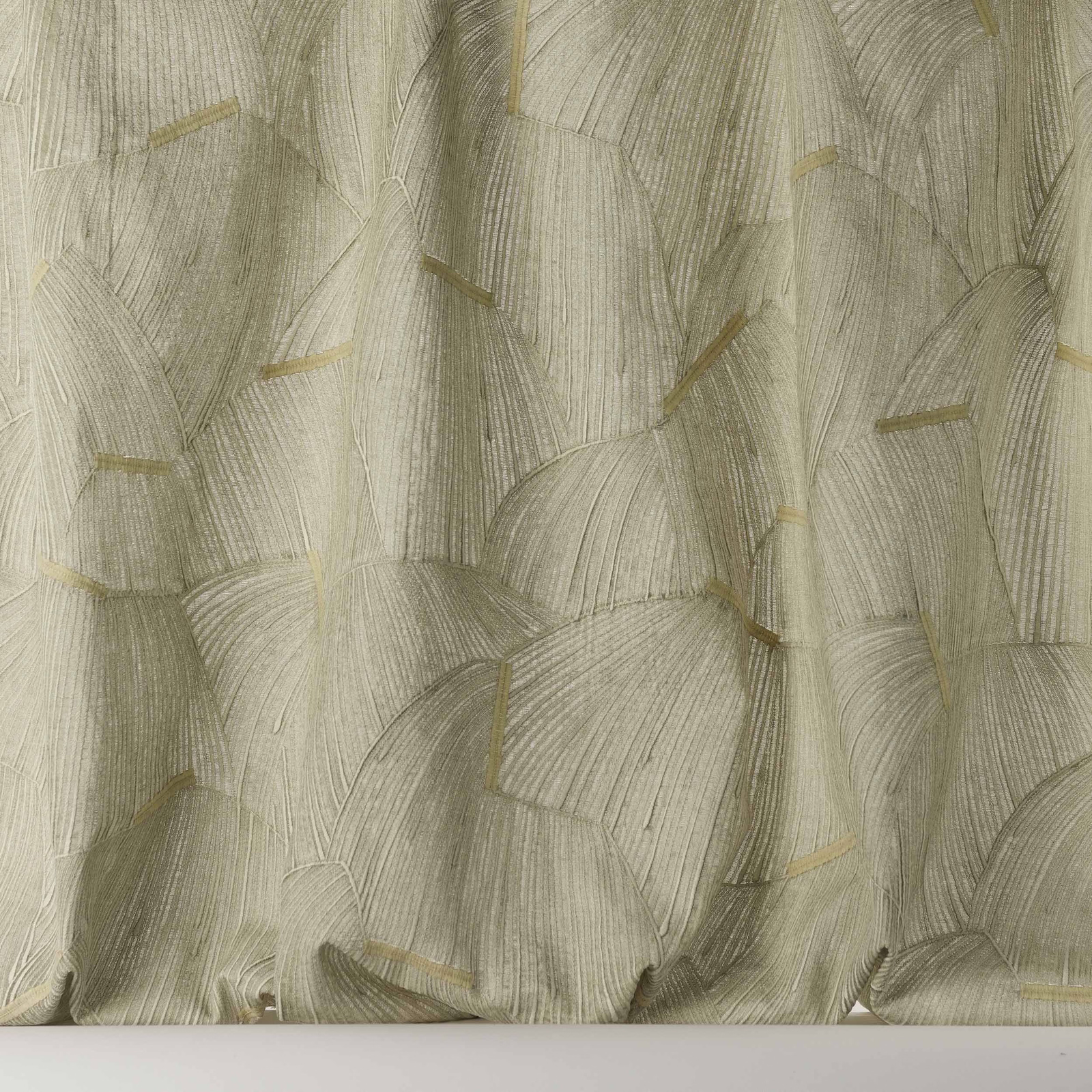 Pale ivory-beige patterned fabric with arcing abstract motifs and fine linear texture