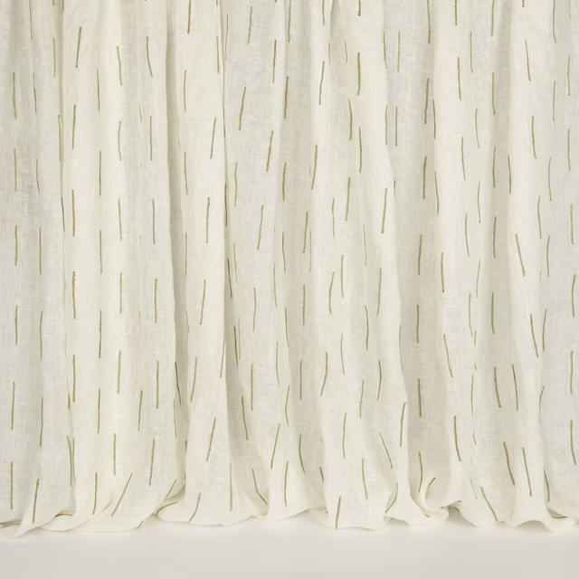 Cream linen-blend fabric with fine warm gold vertical dash stripes