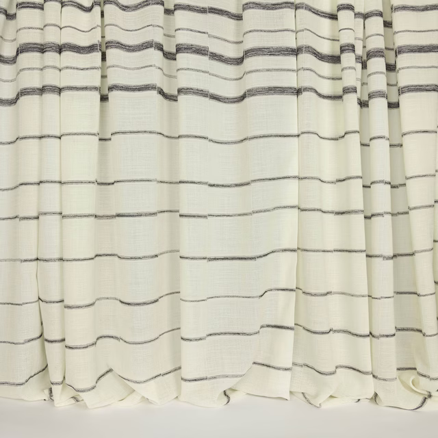 Cream wool fabric with fine charcoal horizontal stripe pattern