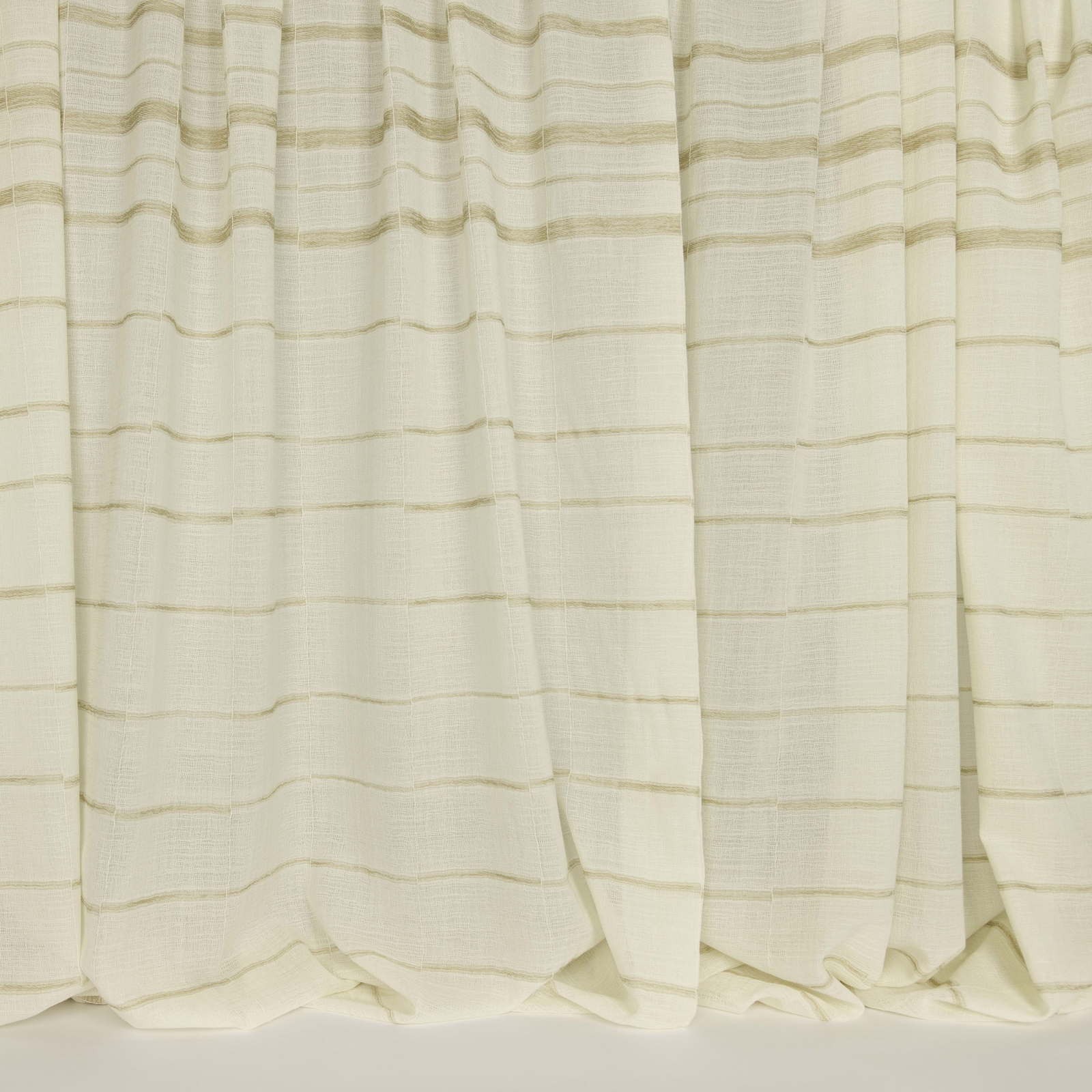 Cream wool curtain fabric with fine sandy horizontal stripes and soft folds