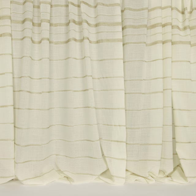 Cream wool curtain fabric with fine sandy horizontal stripes and soft folds