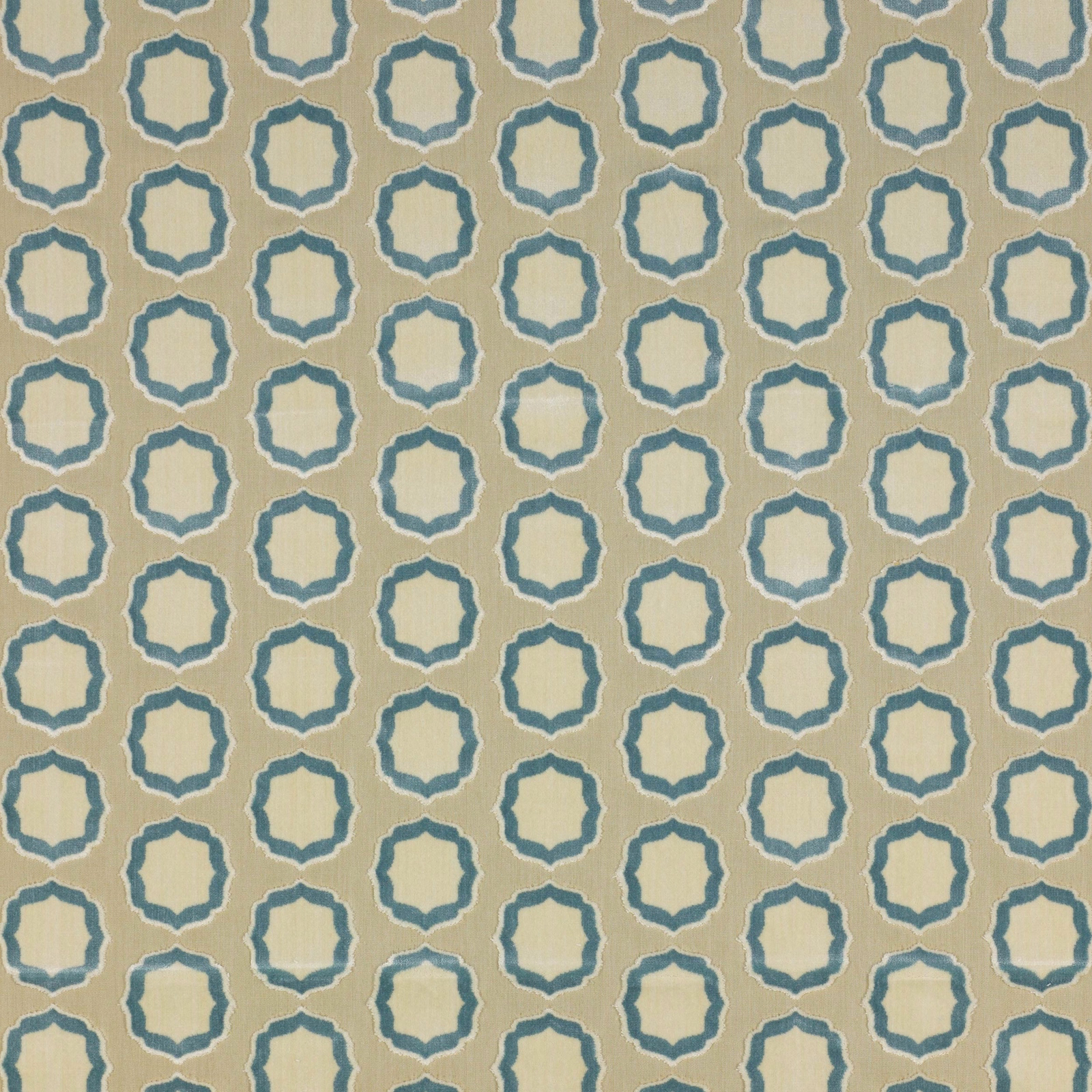 Ivory fabric swatch with small ciel blue geometric oval motif