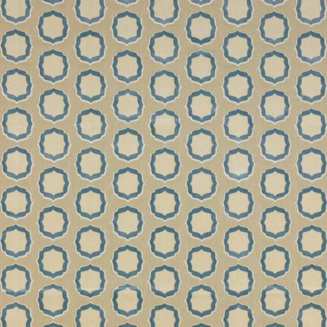 Ivory fabric swatch with small ciel blue geometric oval motif