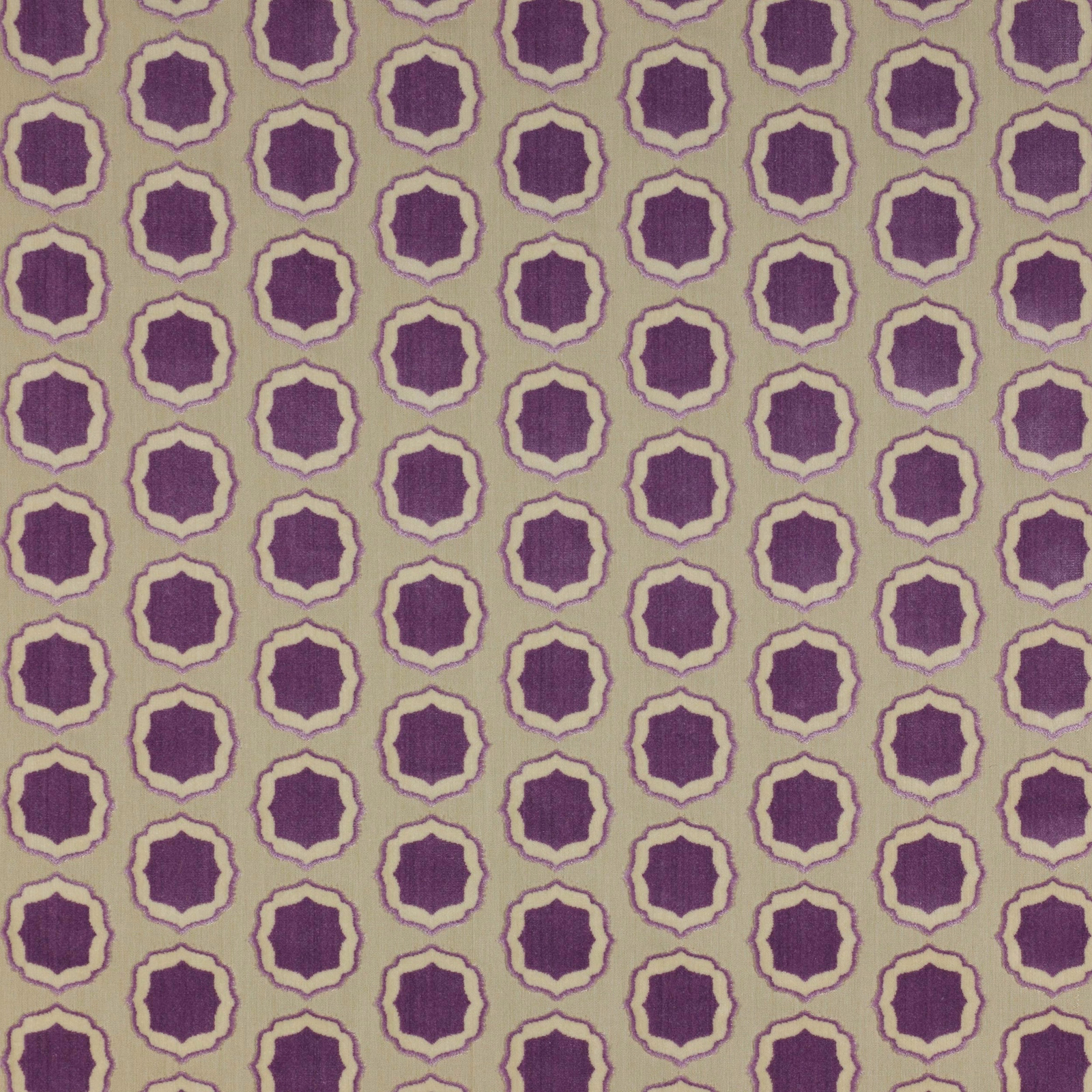Purple geometric fabric swatch with cream outlines on a pale ground