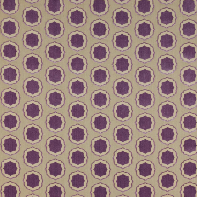 Purple geometric fabric swatch with cream outlines on a pale ground