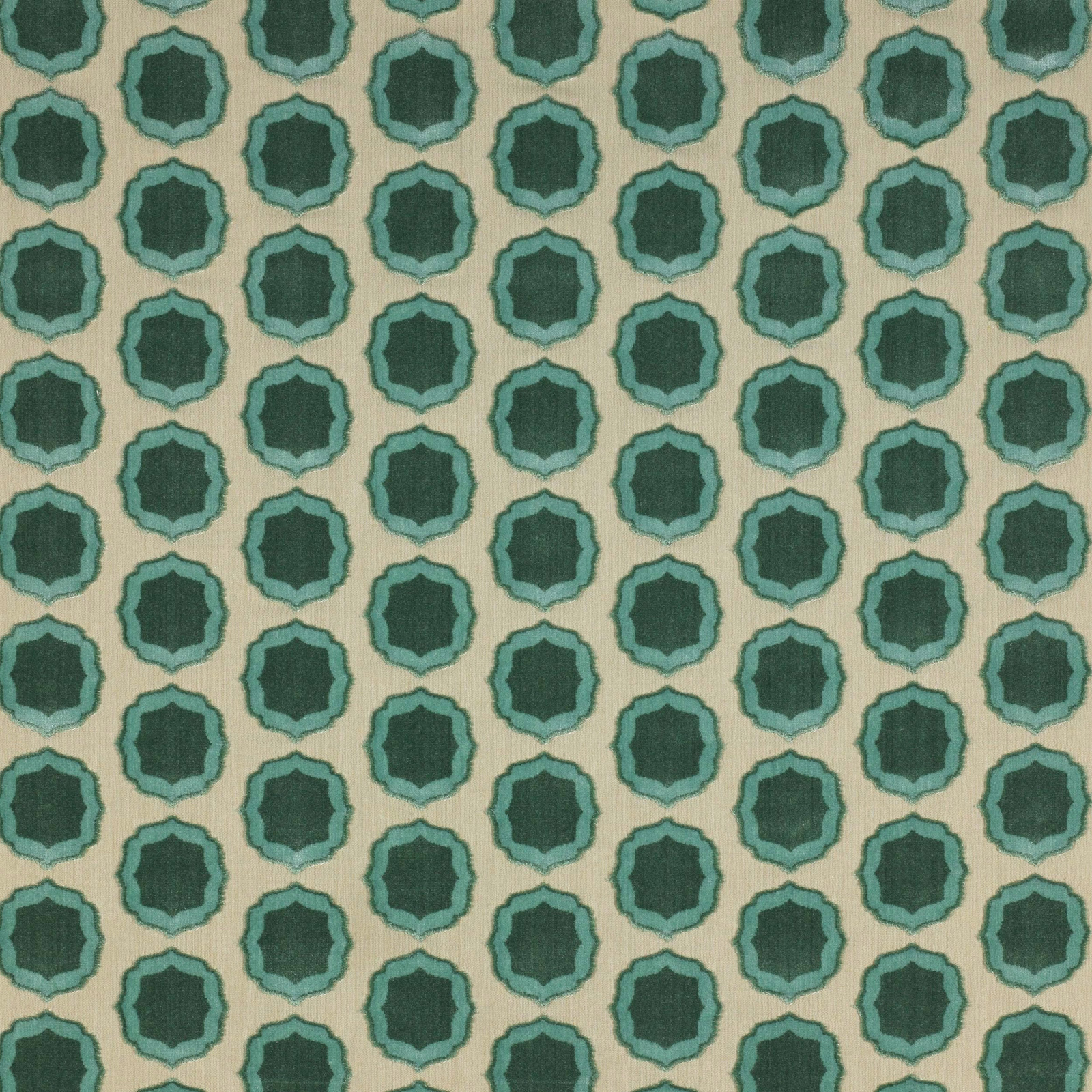 Turquoise and teal small geometric medallions on a pale ground fabric swatch