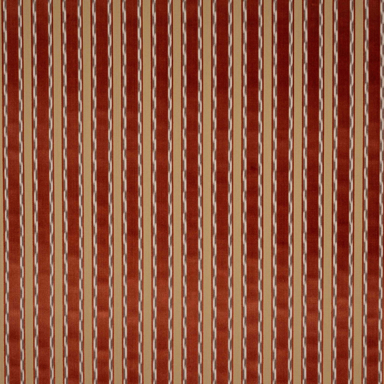 Red and cream vertical striped woven fabric with a subtle slubbed texture